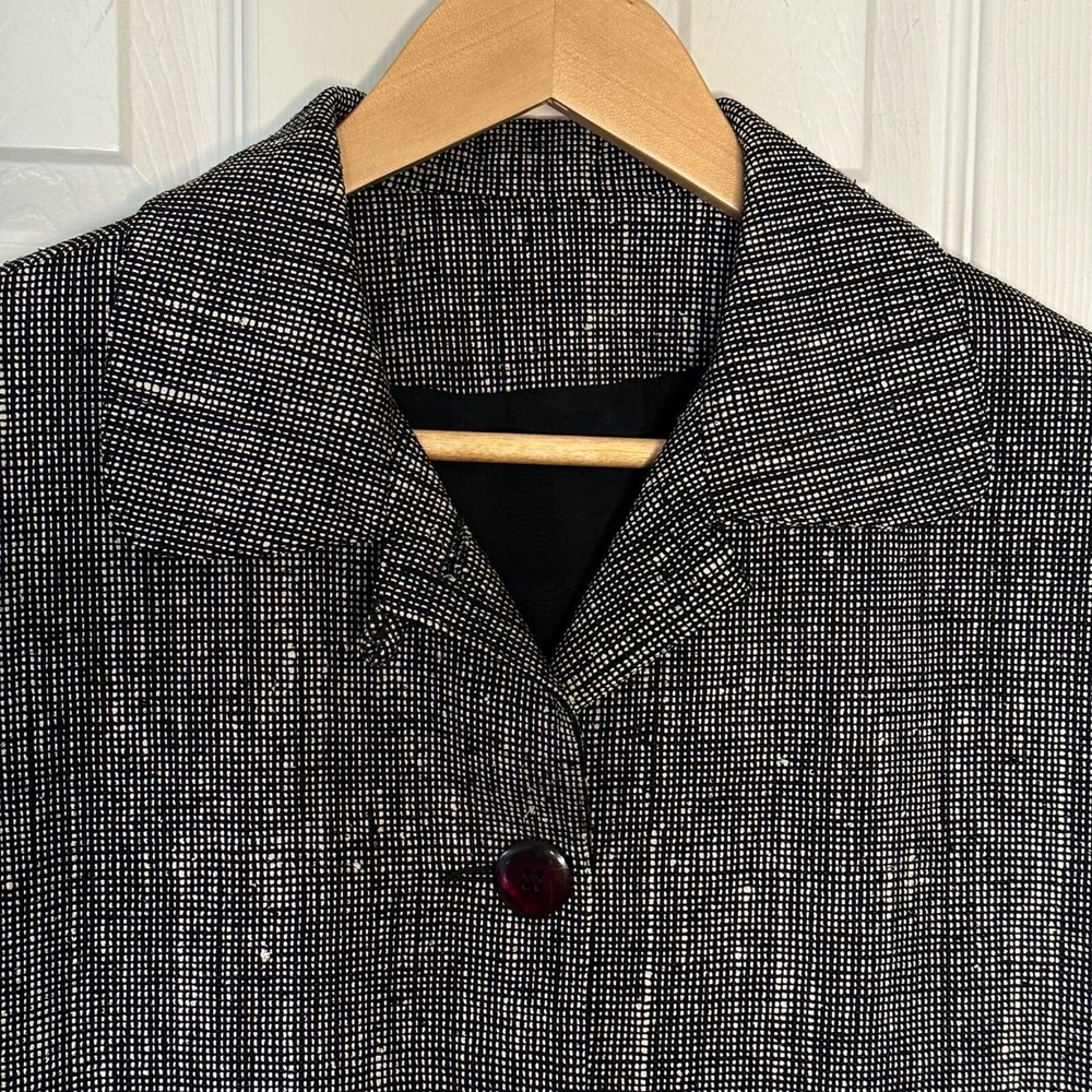 Vintage Silk Blazer Woven Tweed Jacket Black White Boxy Patch Pockets Size 6 - Picture 7 of 12